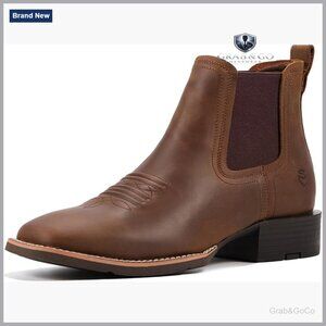 Men's Square Toe Western Chelsea Boots, Leather, Ankle Height, Work Casual